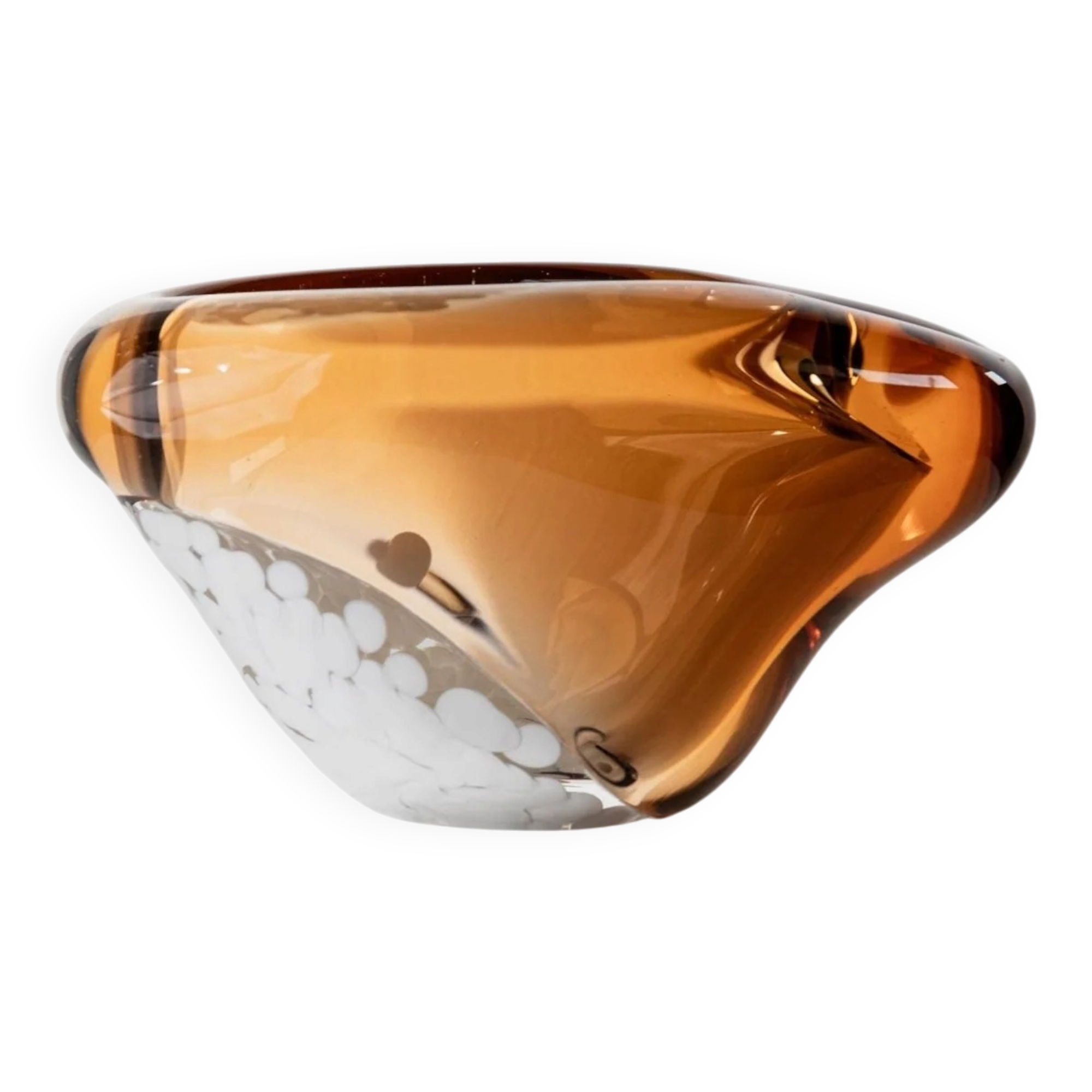Vintage glass ashtray - Pavel Stejskal for Beranek Skrdlovice, Czech glass from the 1970s, orange with white spots.
