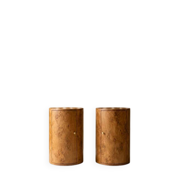 Paire de tables de nuit / tables d’appoint en loupe d’orme – Design contemporain