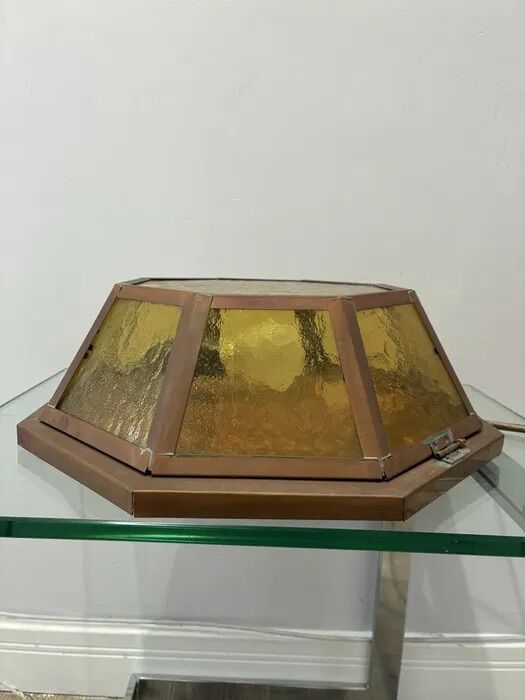 Vintage Octagonal Copper Amber Glass Flush Ceiling Lamp 1960s-70s