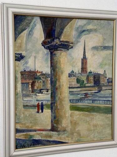 Swedish Oil on Panel “Stockholm Motif” by Emil Hellbom, Vintage & Framed 56×48cm