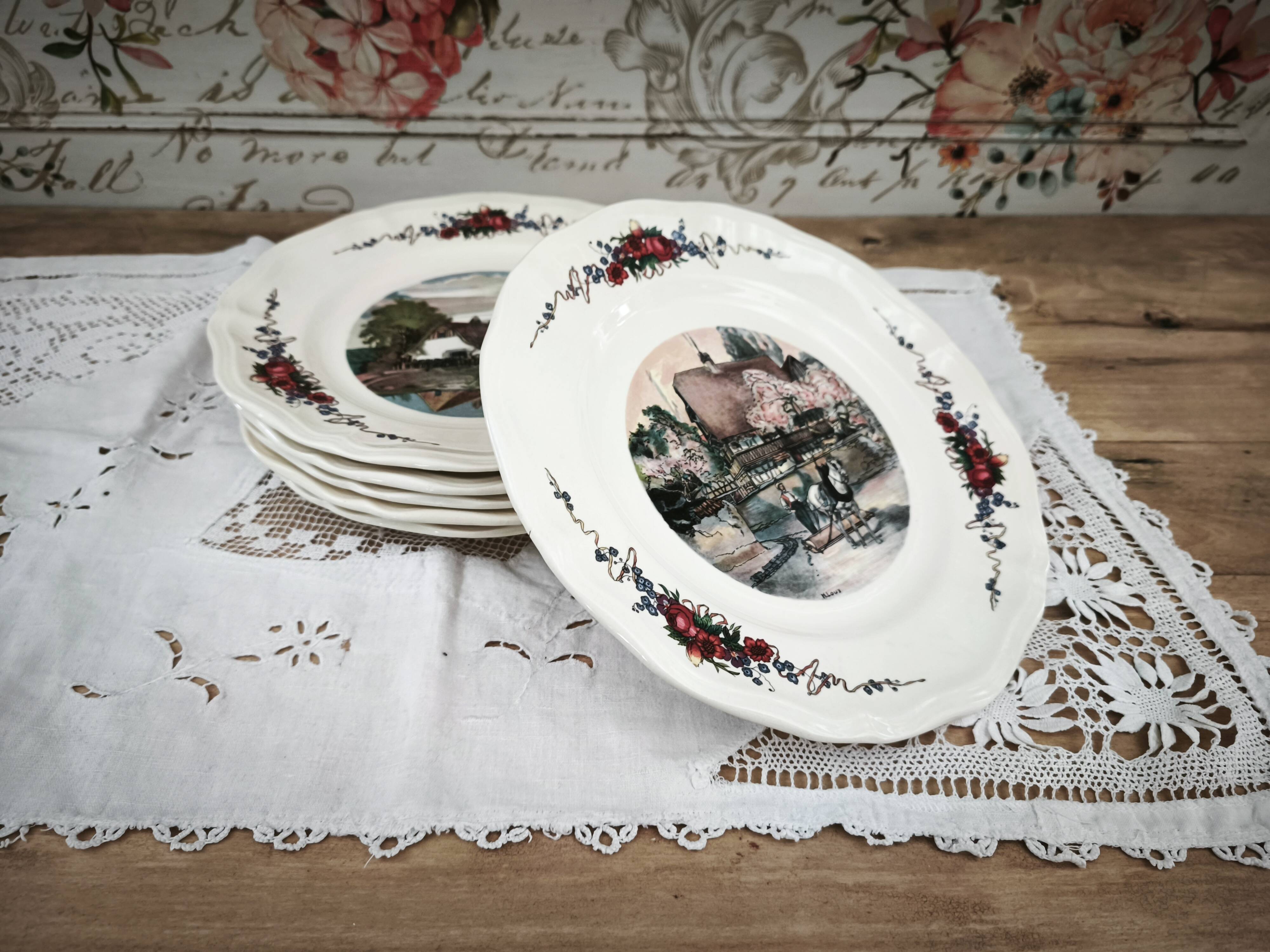 Set of 6 flat plates Sarreguemines model Obernai