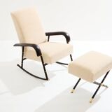 Jacques Adnet Rocking chair and ottoman in leather and mohair velvet 1950