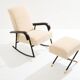 Jacques Adnet Fauteuil à bascule et ottoman cuir et velours de mohair 1950