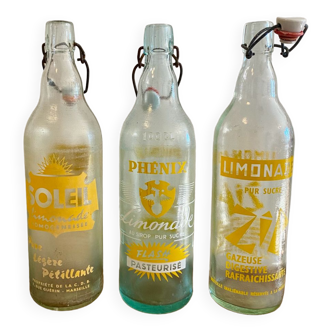 Lot de 3 bouteilles anciennes de limonade (phénix, zip, soleil)