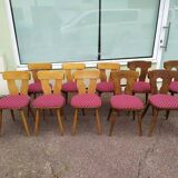 Set of 10 wooden bistro chairs with vintage cushions from the 70s/80s/90s