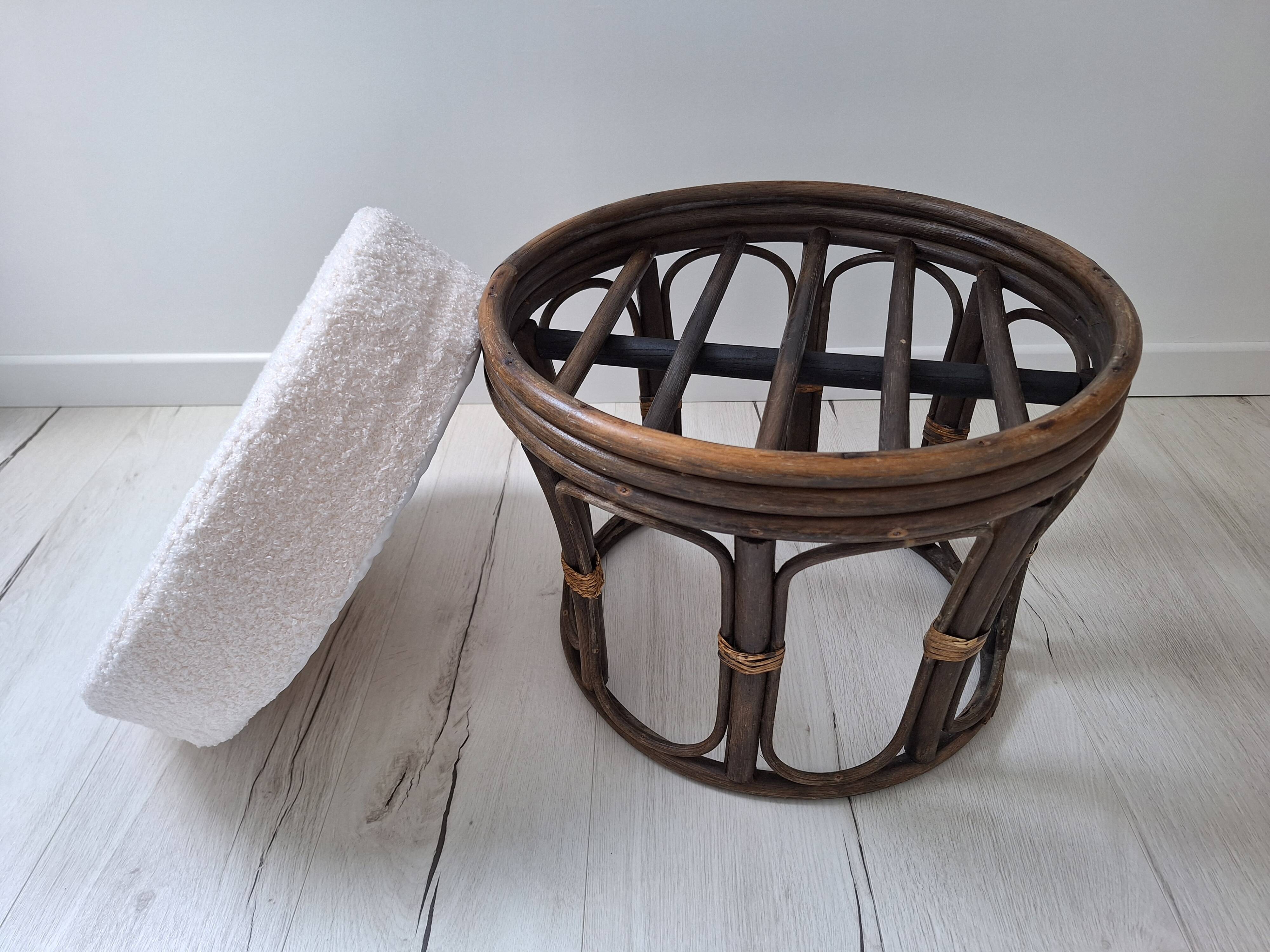 Vintage rattan and French terry fabric pouf