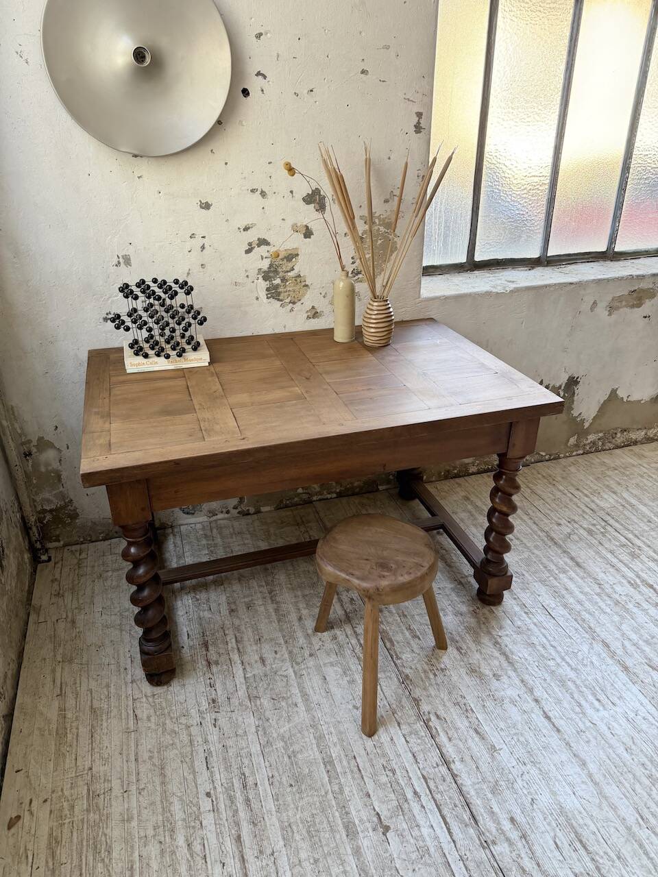 Paneled walnut desk with turned legs, 1900