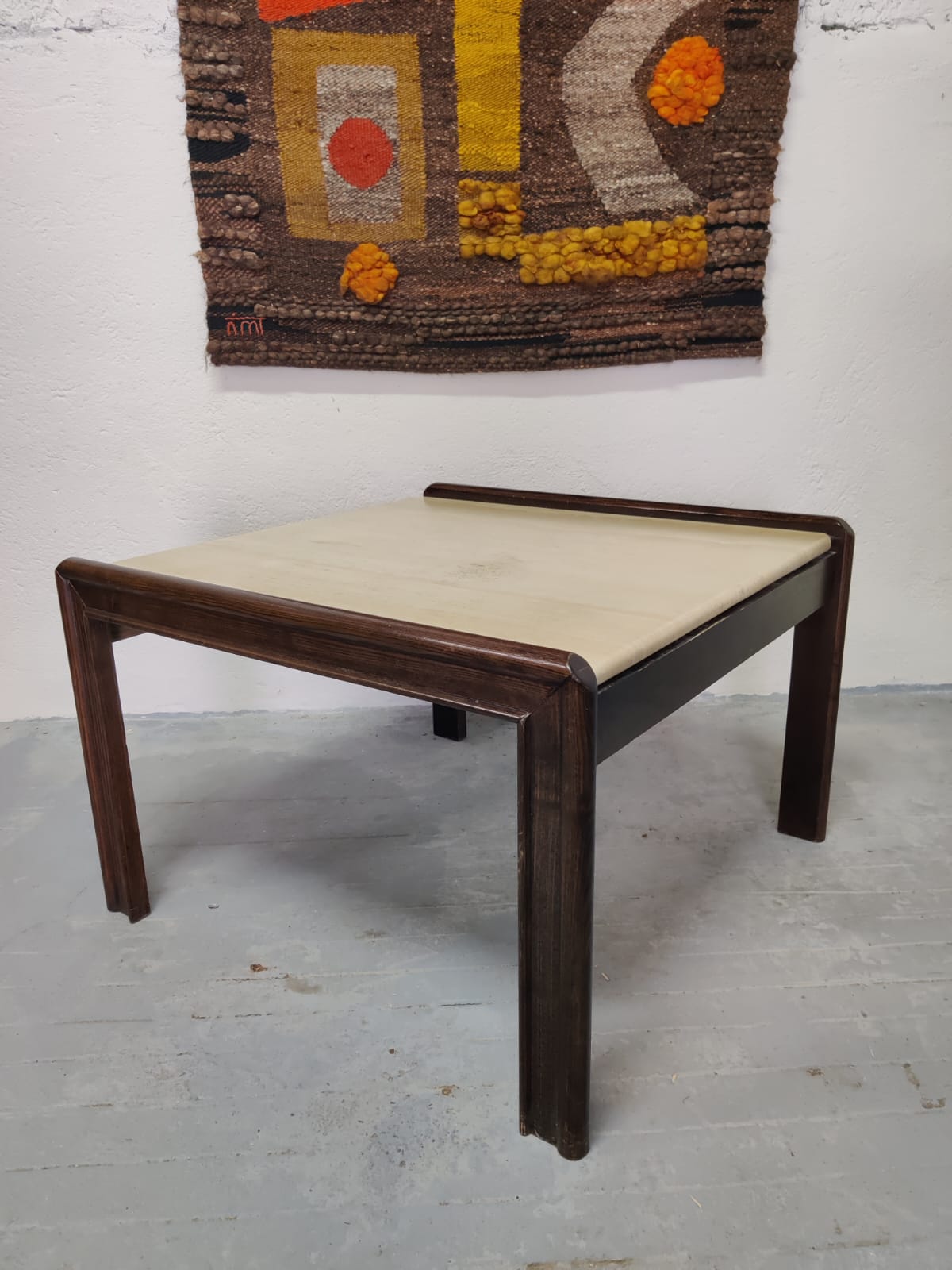 Vintage coffee table wood and travertine