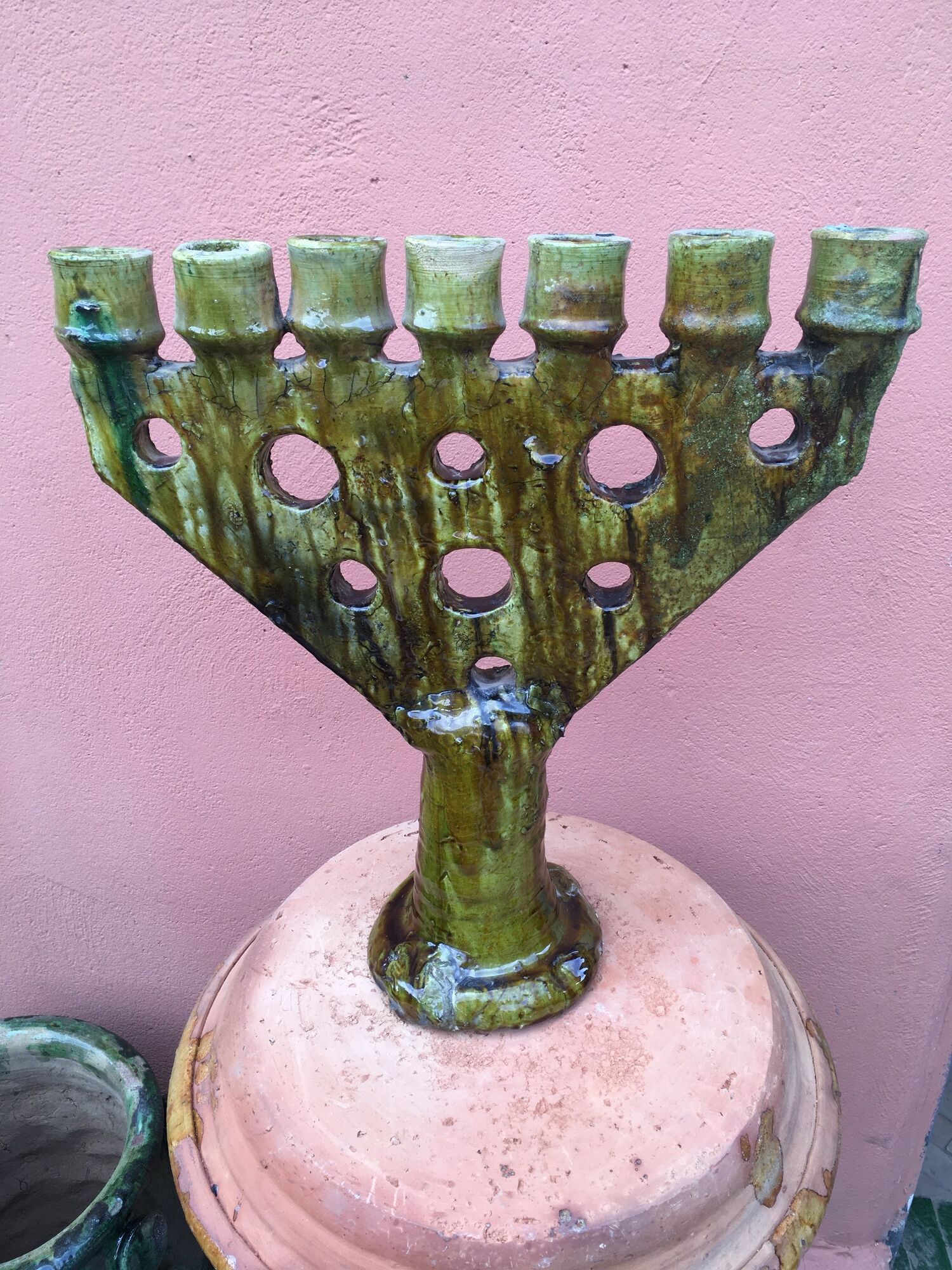 Pottery tamegroute candlestick menorah 7 enamelled candles ochre/green