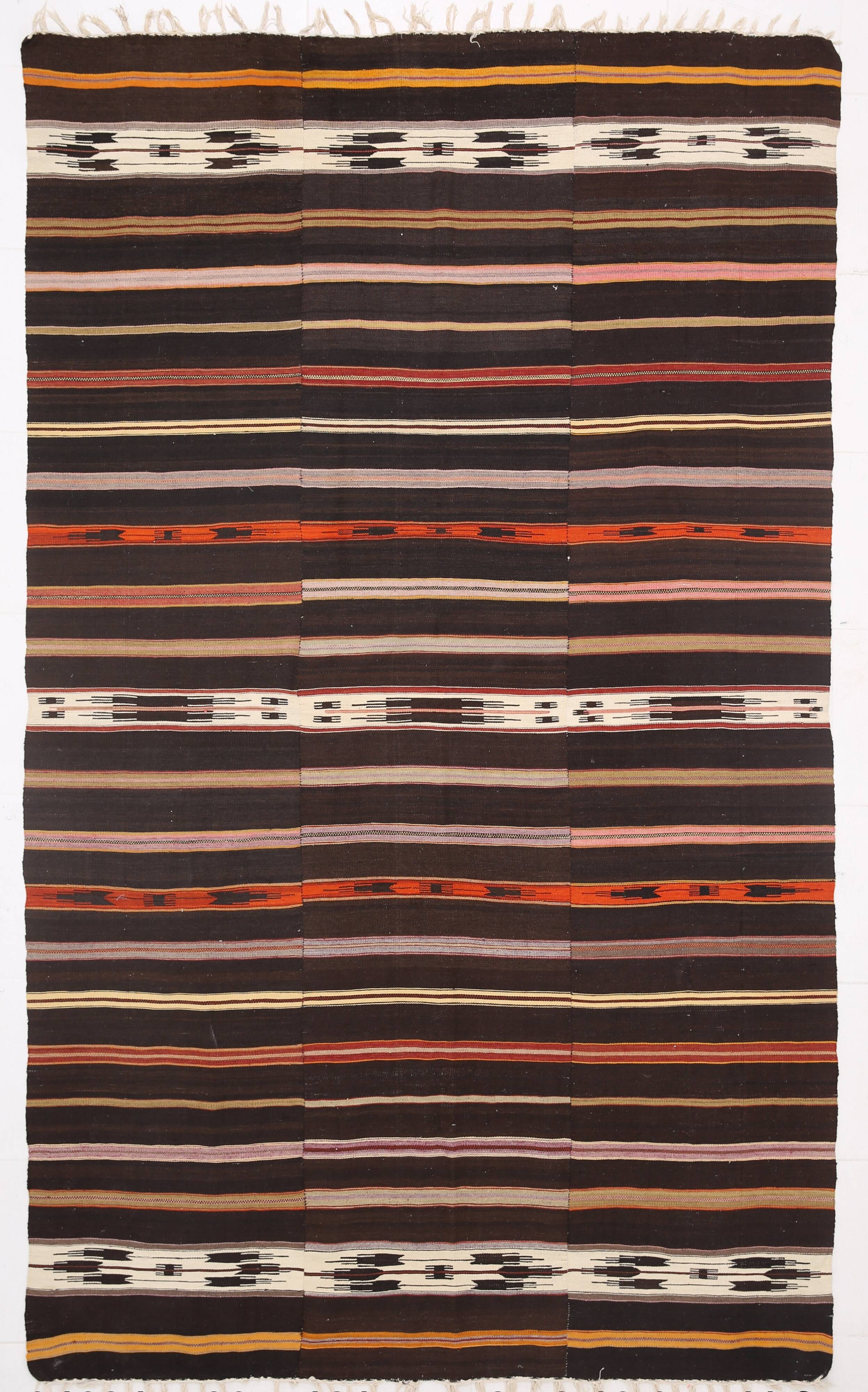 %100 Wool Striped Moroccan Pattern Turkish Kilim Rug, 181x305 Cm
