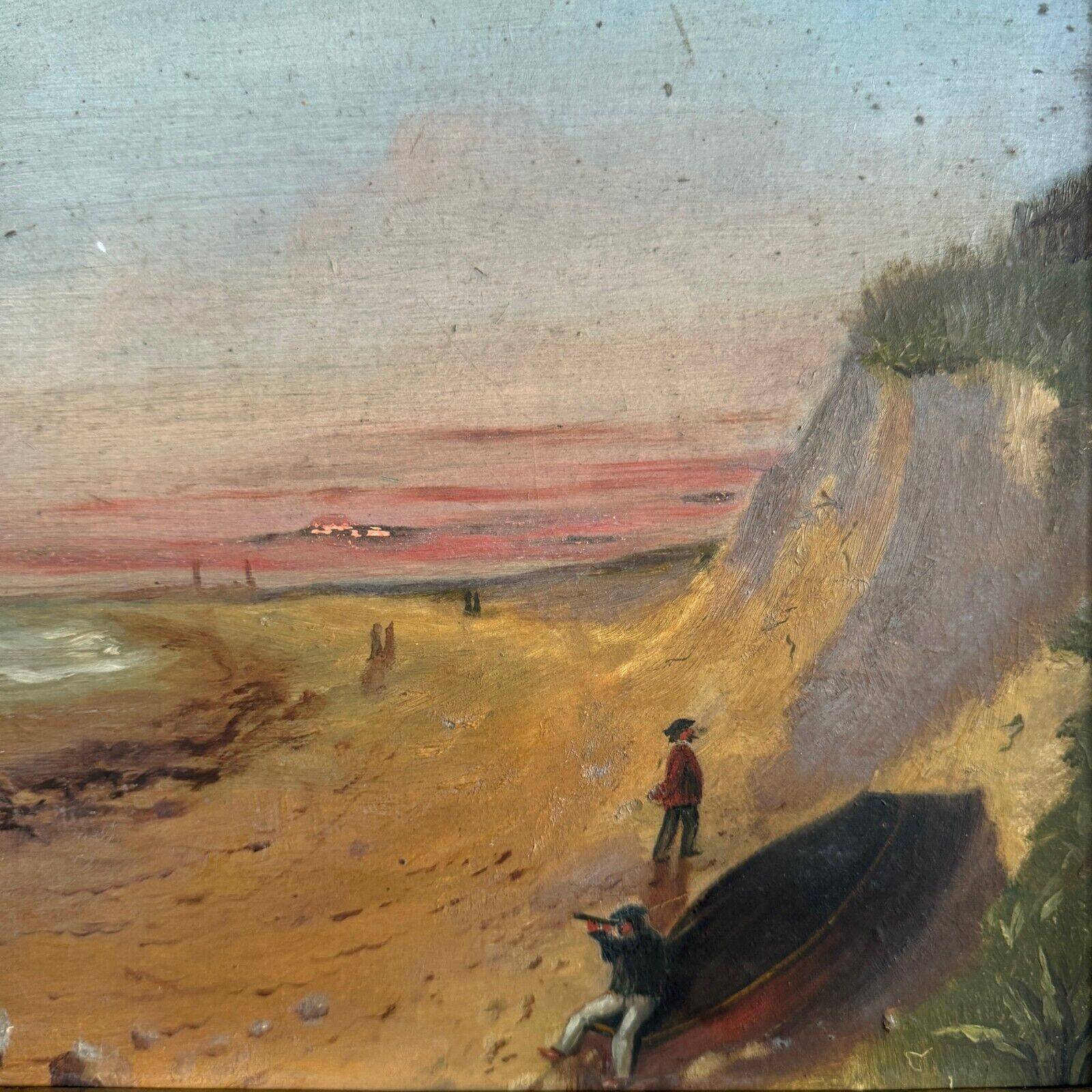 Oil on cardboard depicting a boat on a rocky coast