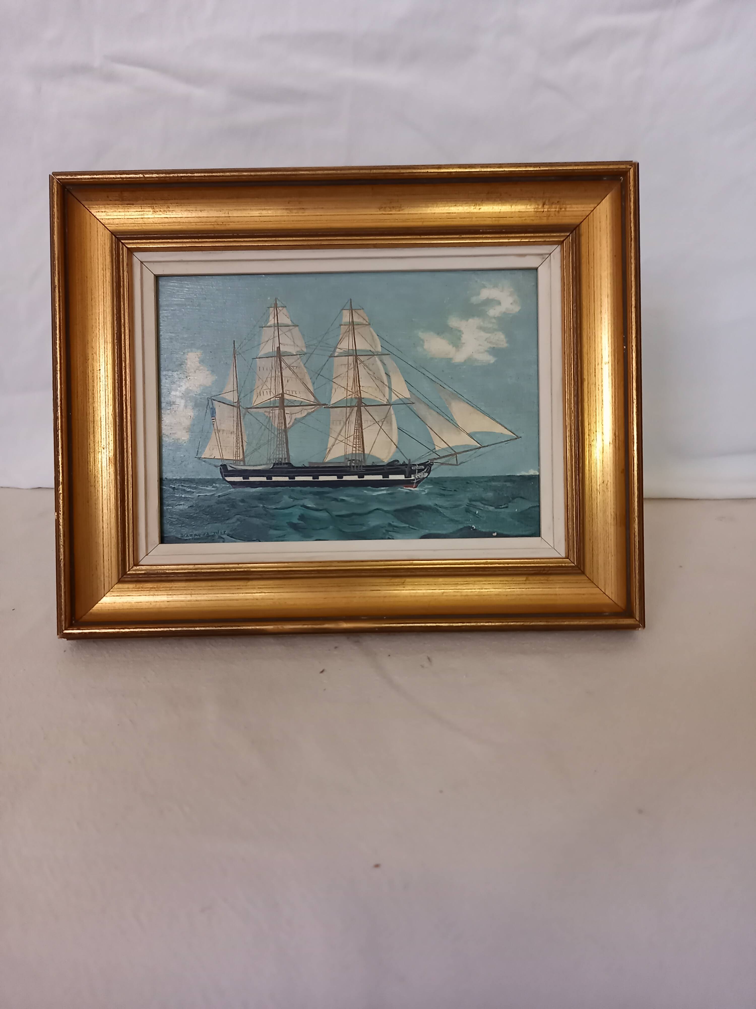 Old painting, oil on wood, schooner at sea, dated 1953, signed.