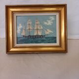 Old painting, oil on wood, schooner at sea, dated 1953, signed.