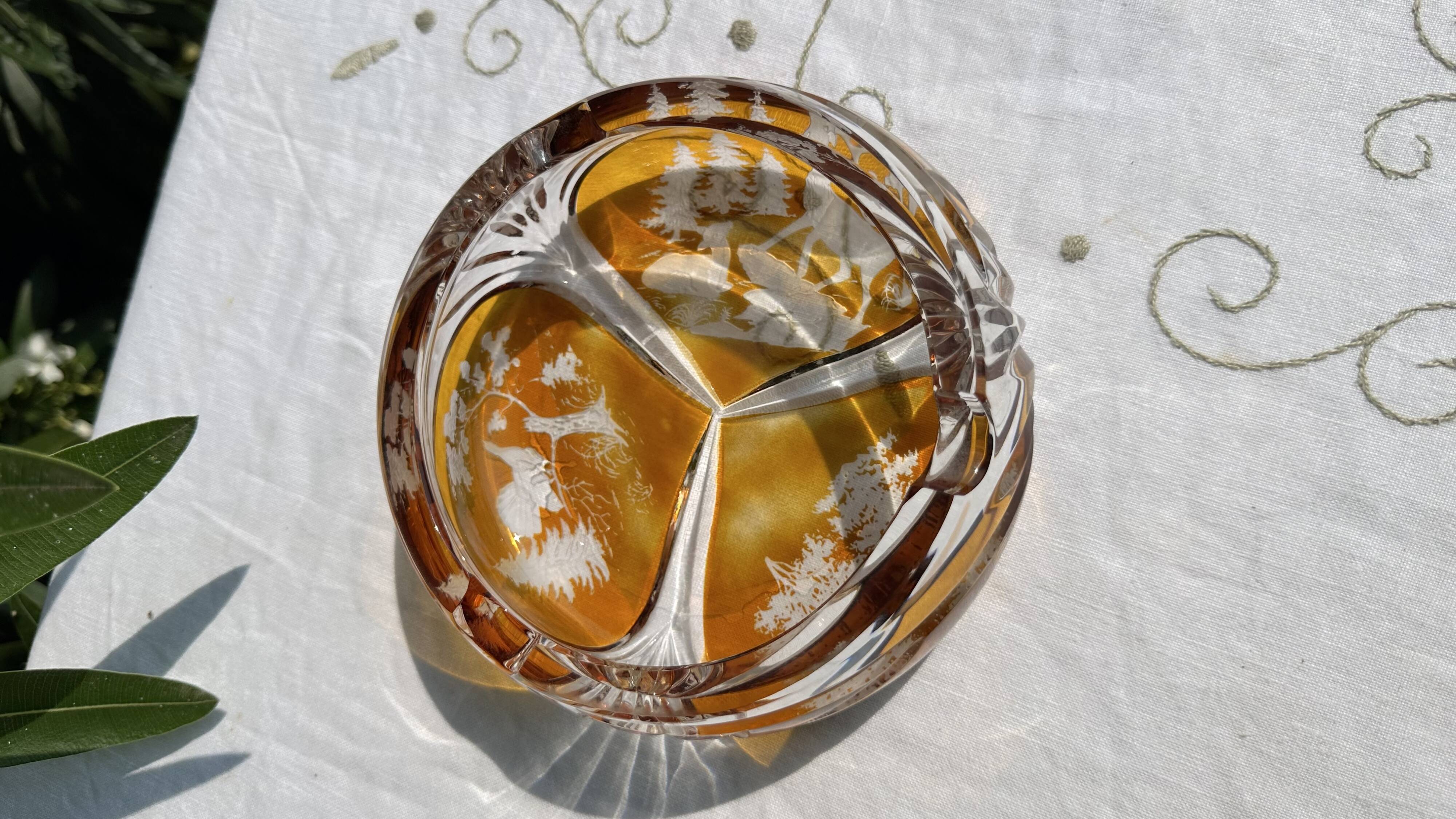 Magnificent Vintage Bohemian Ashtray in Cut Crystal of Yellow Orange