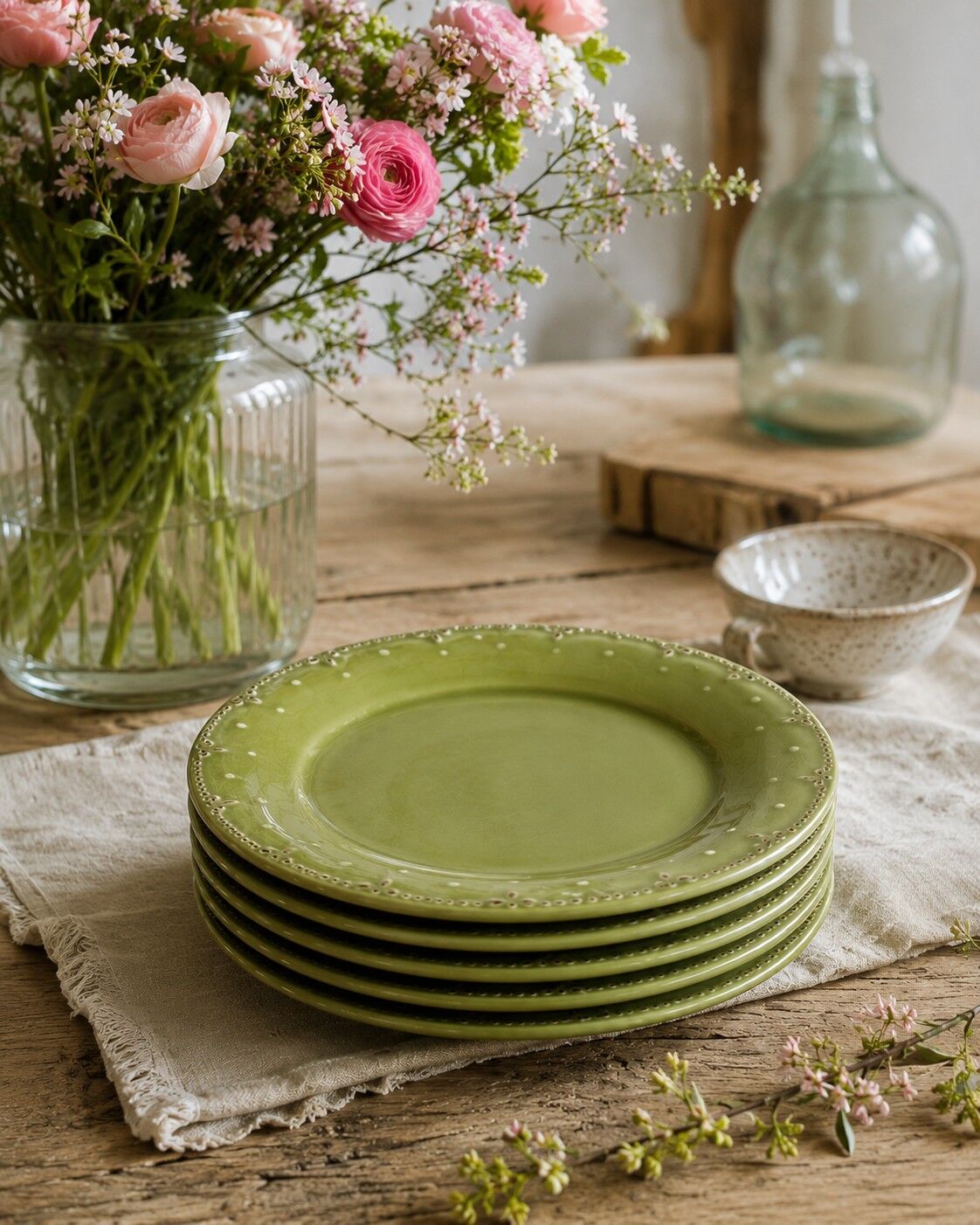 6 olive green plates with dotted relief, workshop ceramic style