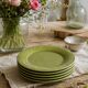 6 olive green plates with dotted relief, workshop ceramic style