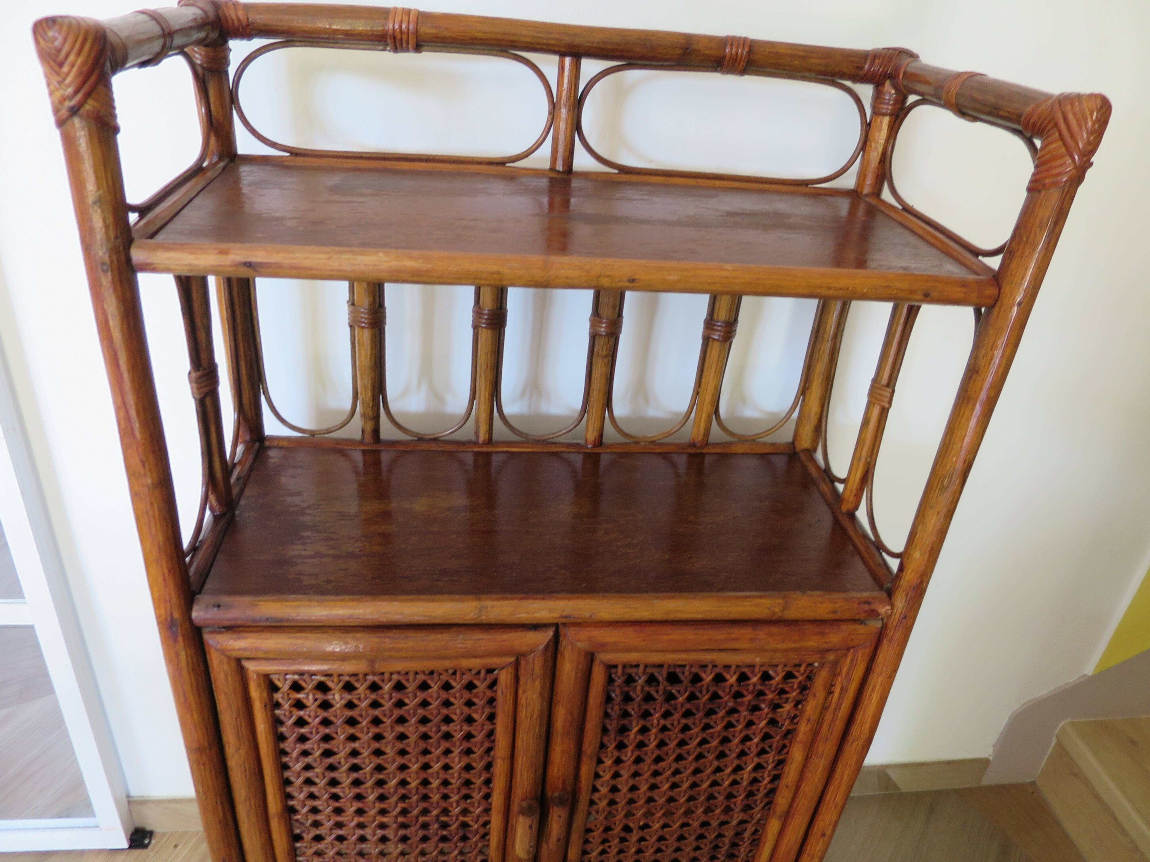 Retro-modernist - Sideboard-bookcase-2 doors-wood-rattan-cane-1960s