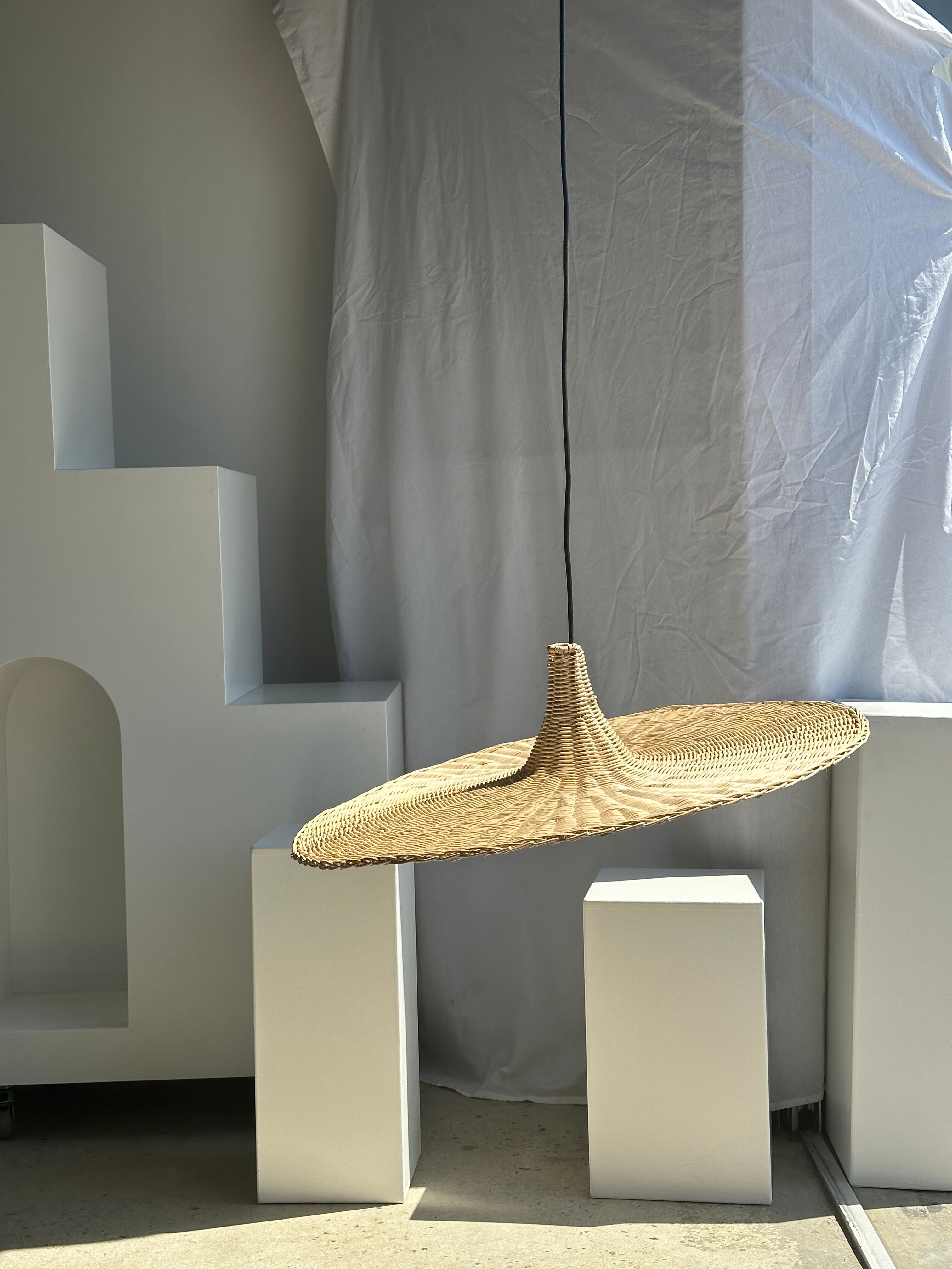 Large suspension, rattan luminaire in hat shape D:80cm