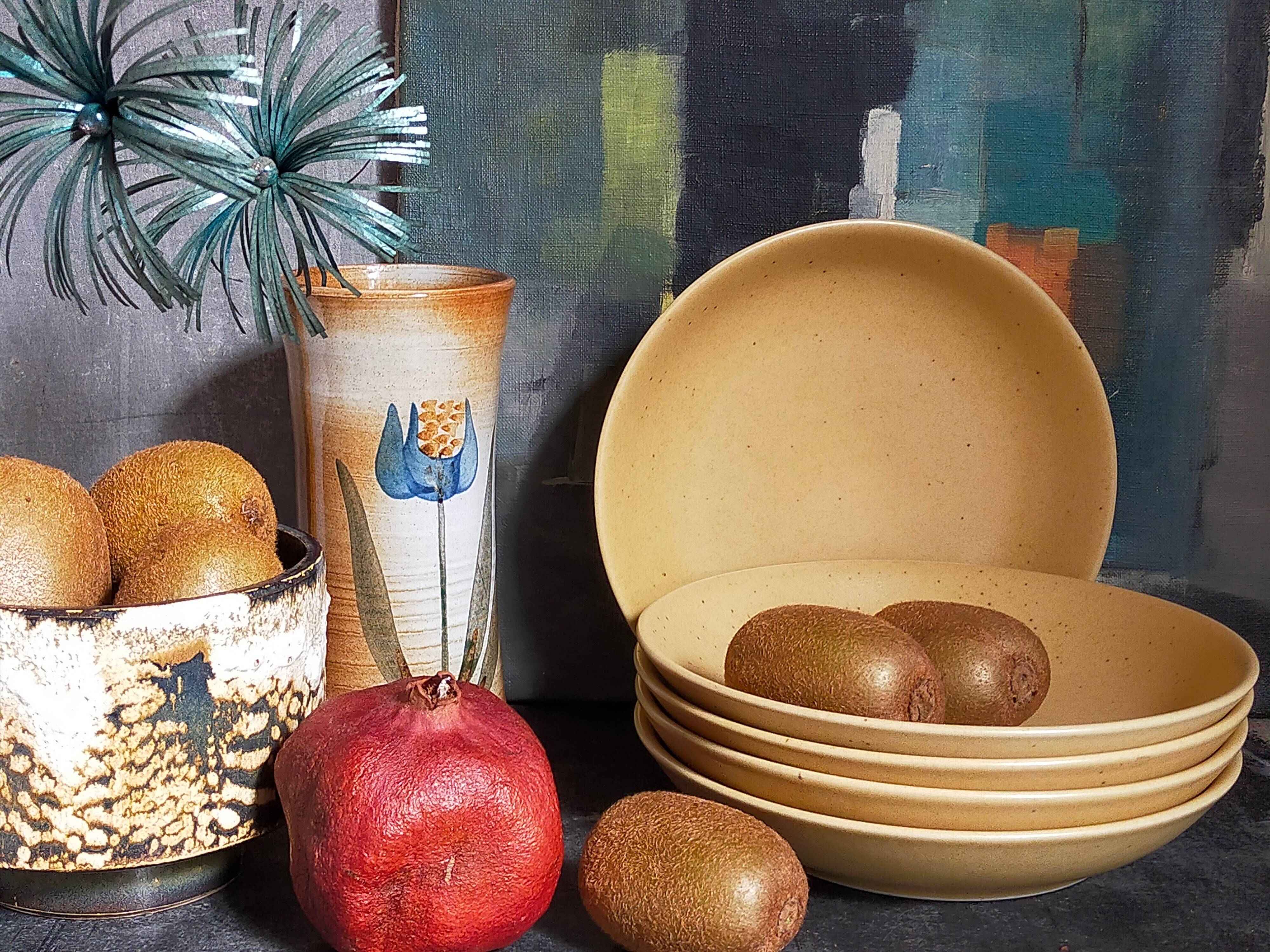 Five vintage natural stoneware soup plates
