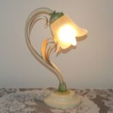 French Vintage Lamp In Cream Peach and Green With Glass Flower Petal Shade