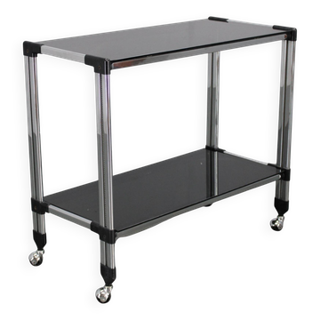1970s Italian chrome and smoked glass serving table on casters