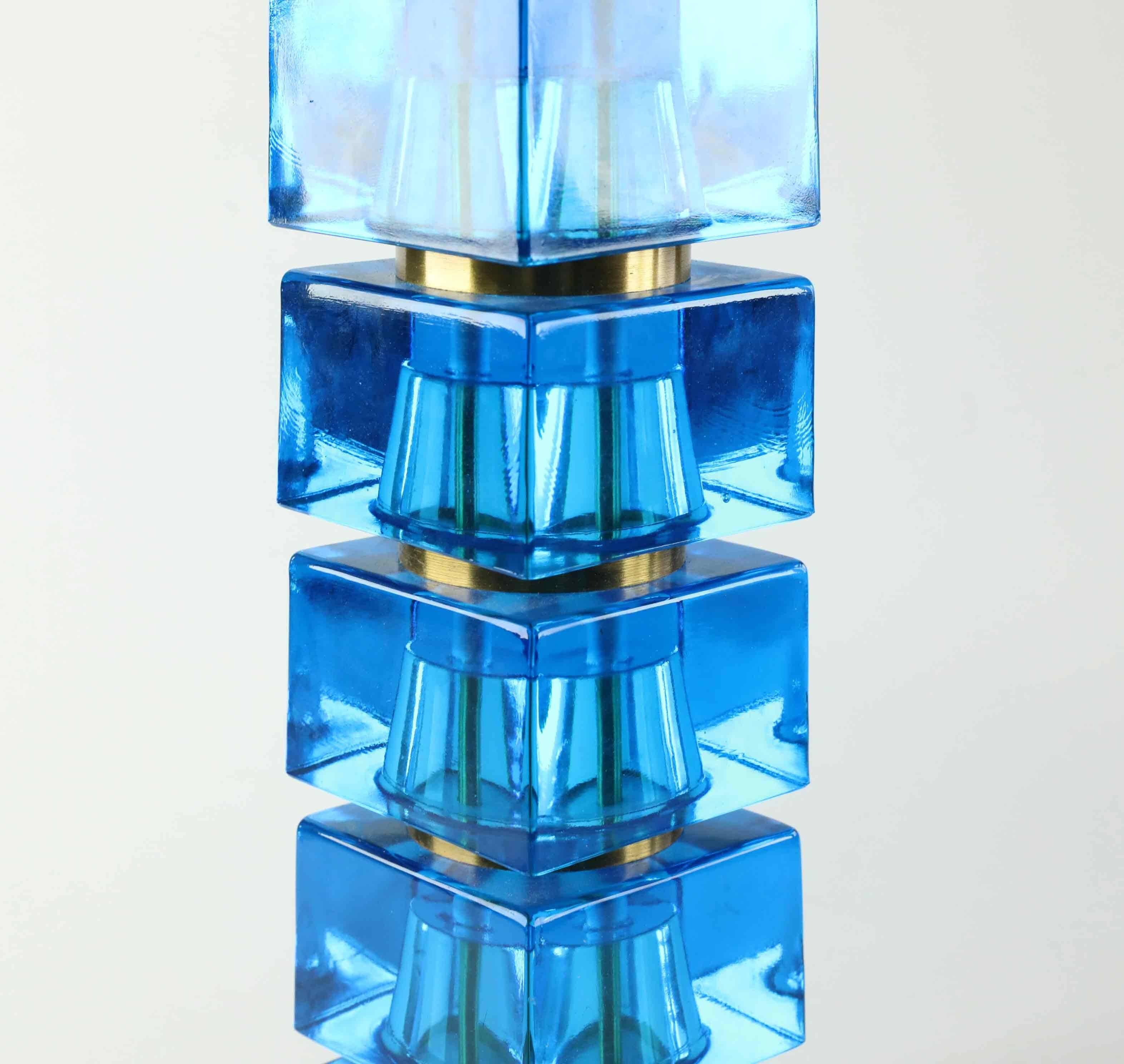 Carl Fagerlund table lamp for Orrefors blue glass and brass Sweden 1960