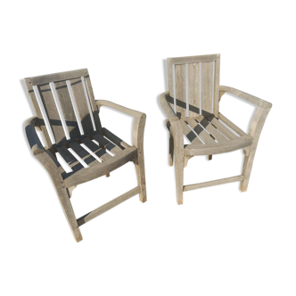 Pair of teak chairs circa 1980 with beautiful garden patina