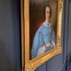 Huile sur toile Portrait de femme en robe bleue et éventail Milieu XIXe
