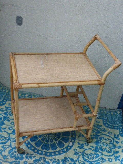 1960 vintage wicker rattan and bamboo trolley