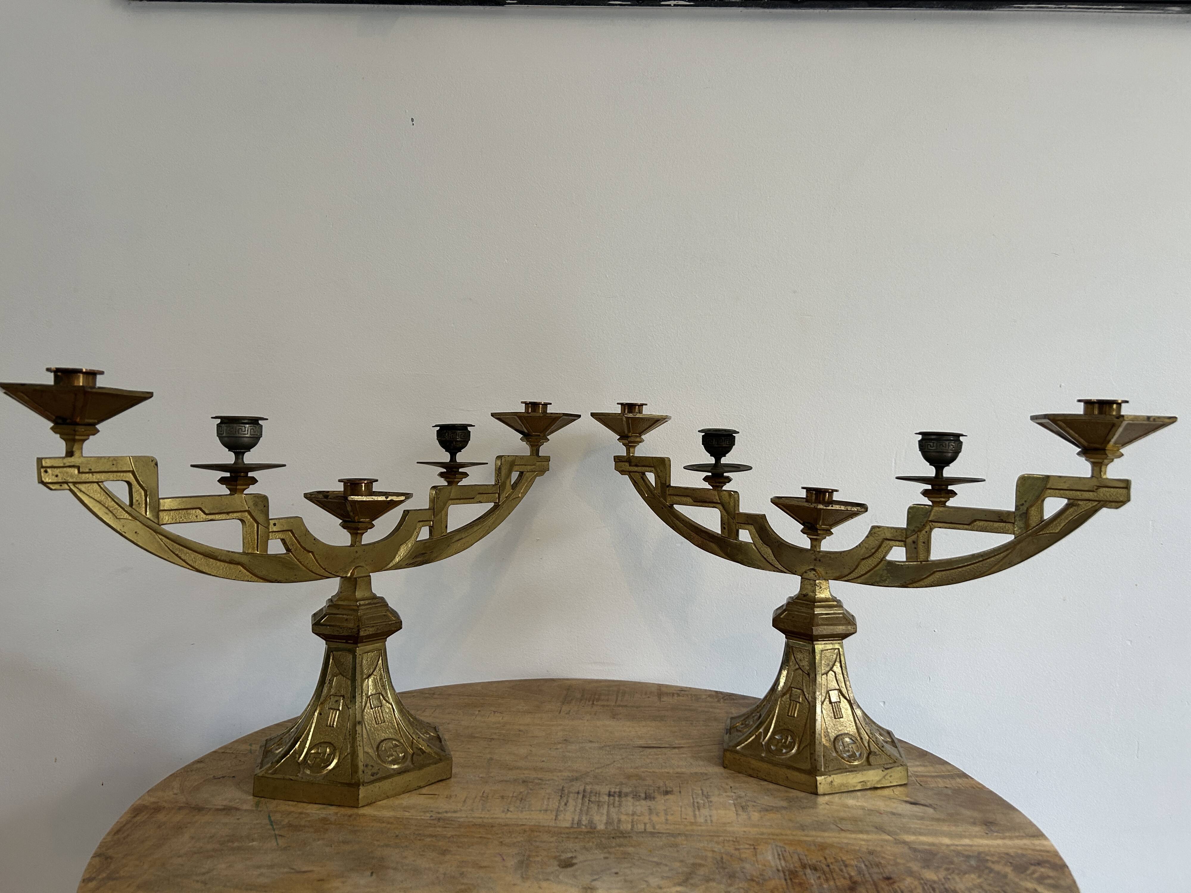 Paire de candélabres en bronze doré d'époque ART DECO