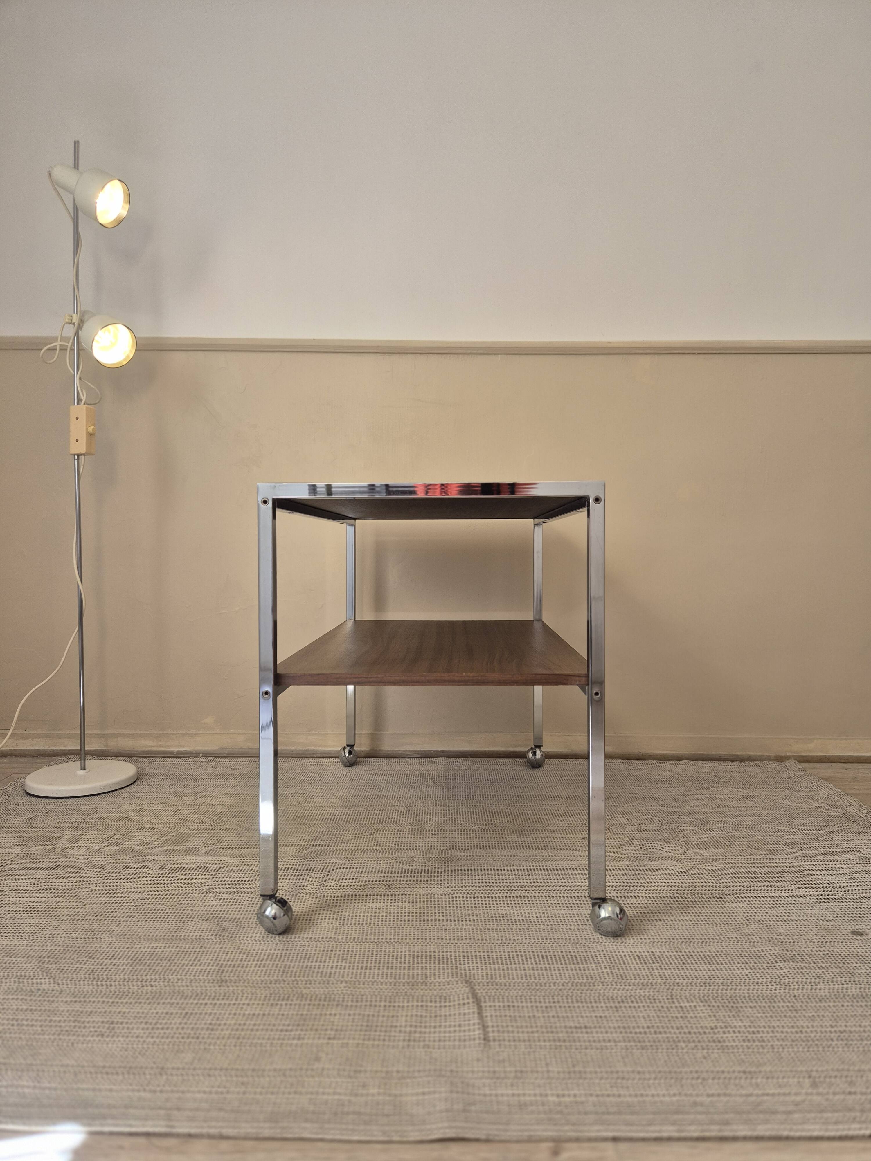 Vintage chrome metal and wood rolling dessert trolley from the 70s-80s.