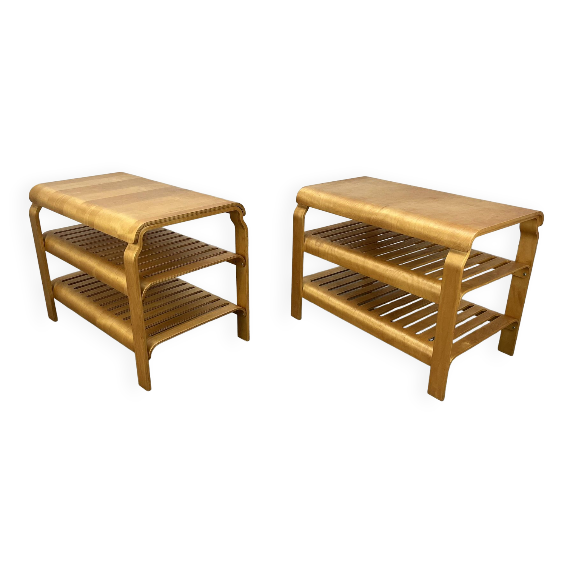 Pair of curved wooden entrance benches 1980