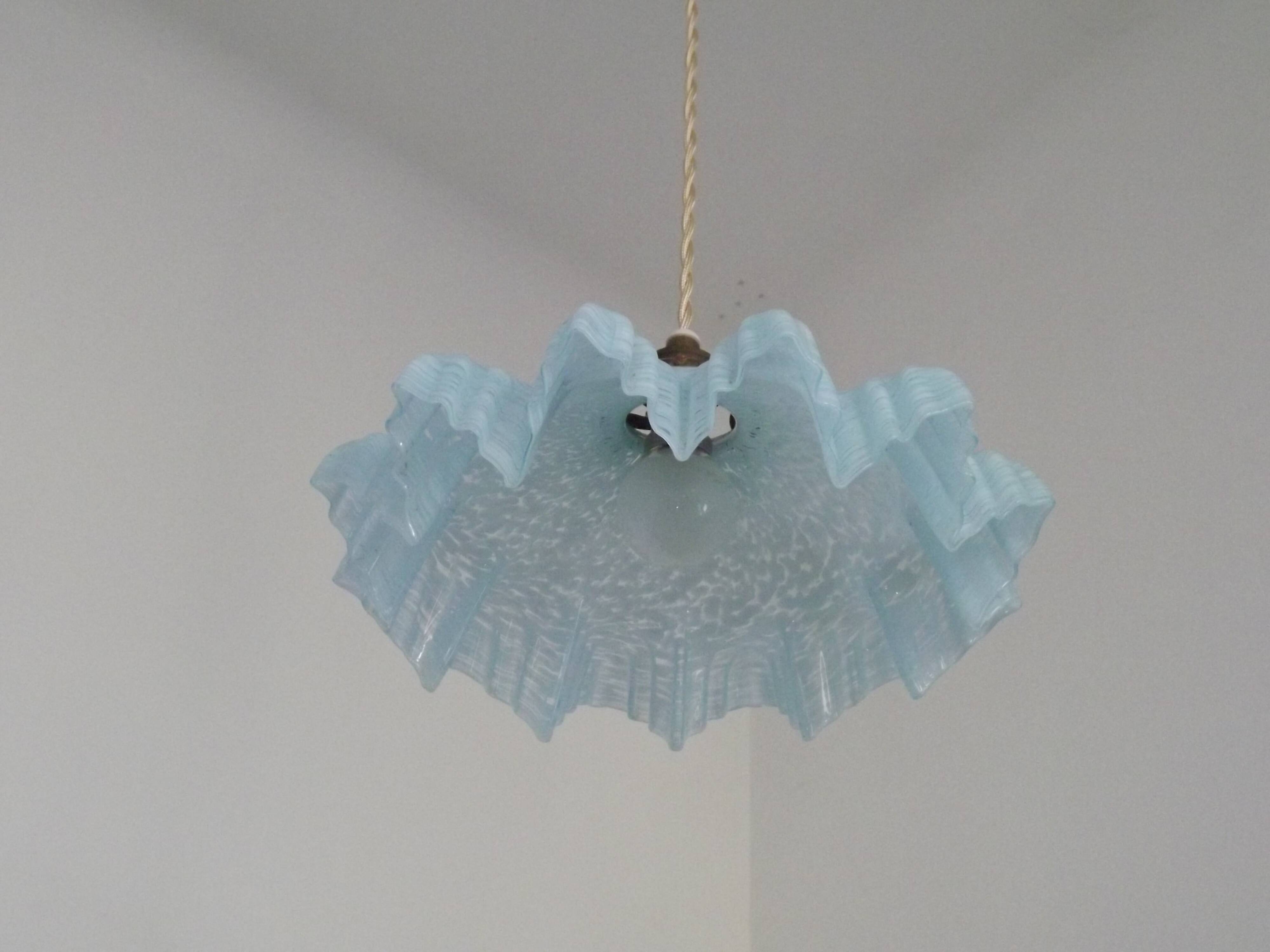 French Vintage 1930s Pale Blue Frilled Clichy Glass Lampshade Ceiling Light