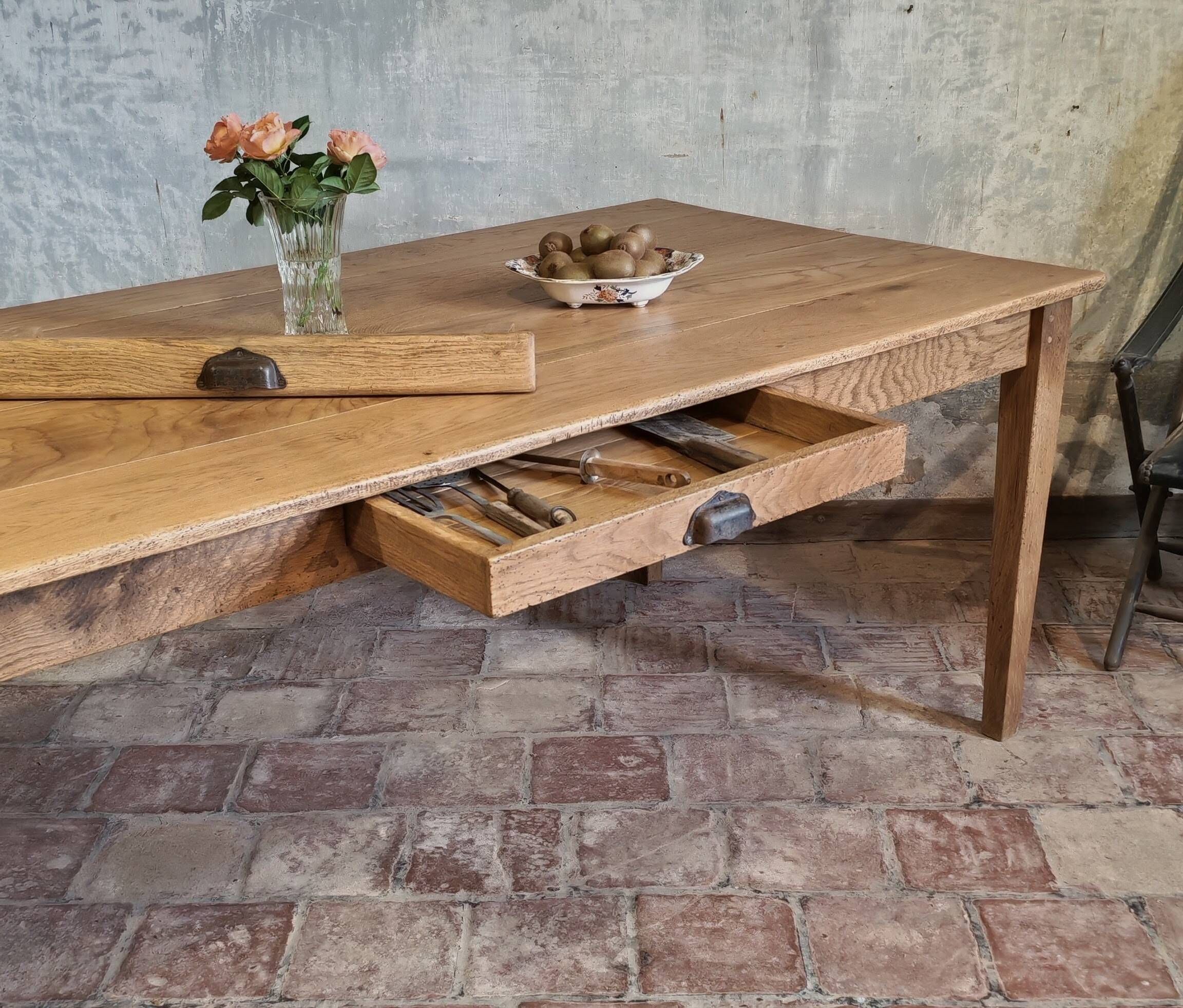 Solid oak farmhouse table "raw" 247x89, "chocolate oak" top