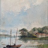 Watercolor "Animated marine with boat" signed A. Descormiers XIX° Brittany