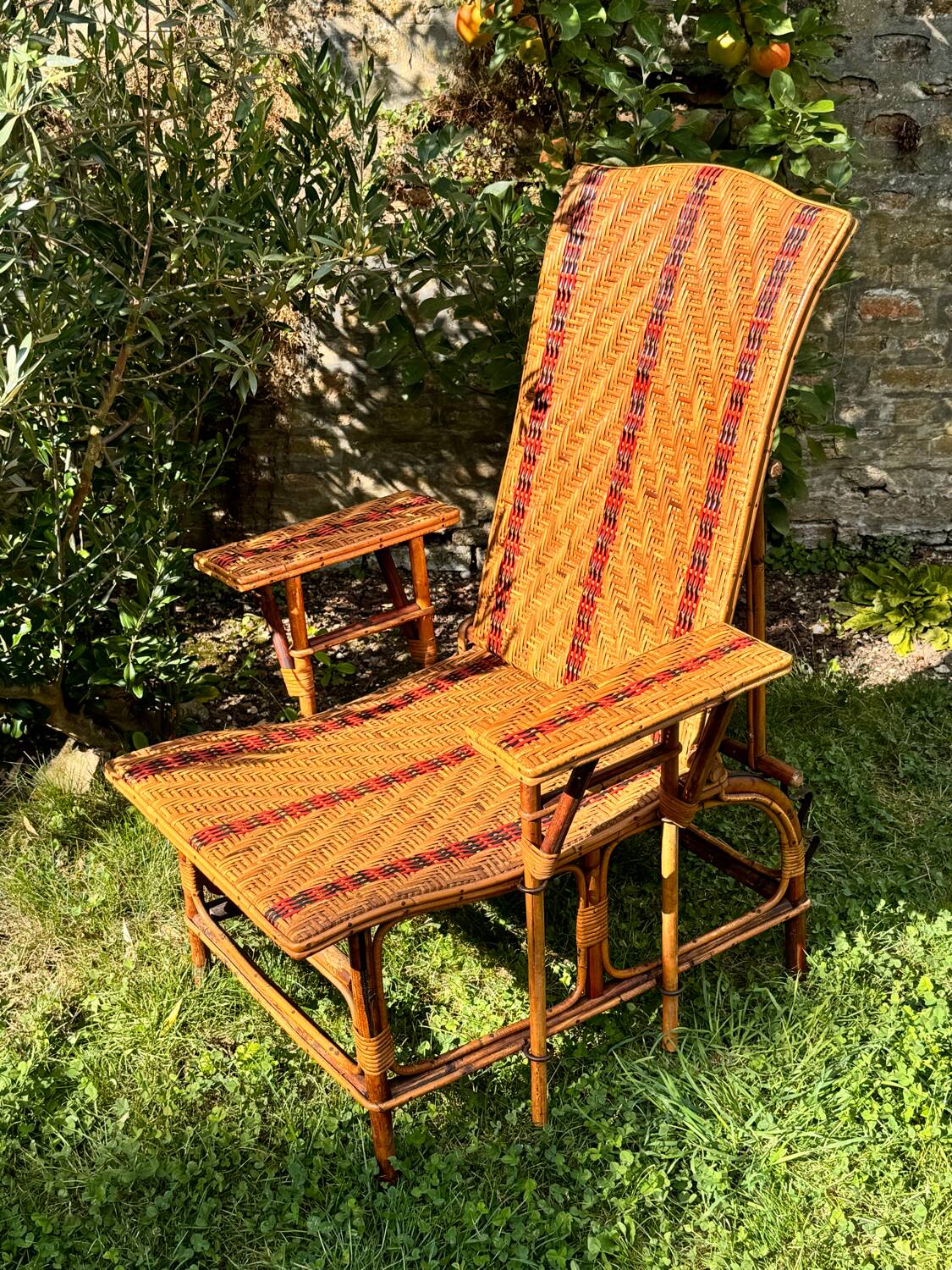 Antique rattan and wicker chaise longue, circa 1930