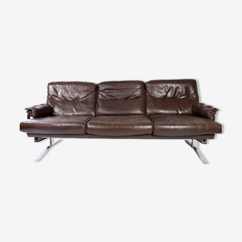Three seater sofa upholstered with patinated brown leather by Arne Norell, 1970s