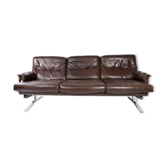 Three seater sofa upholstered with patinated brown leather by Arne Norell, 1970s