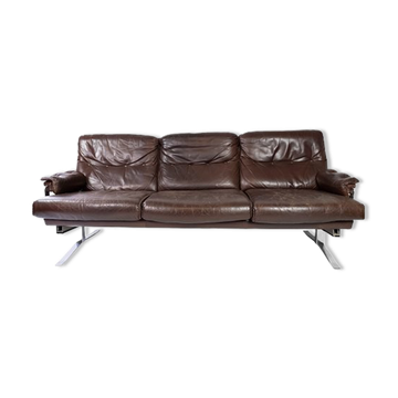 Three seater sofa upholstered with patinated brown leather by Arne Norell, 1970s