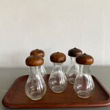 Set of glass and wood spice jars