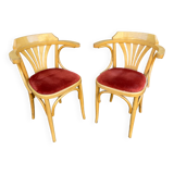 Pair of vintage 80s thonet Baumann style curved wood restaurant armchairs