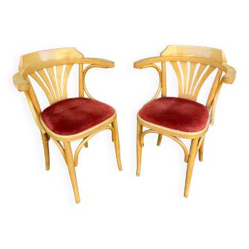 Pair of vintage 80s thonet Baumann style curved wood restaurant armchairs