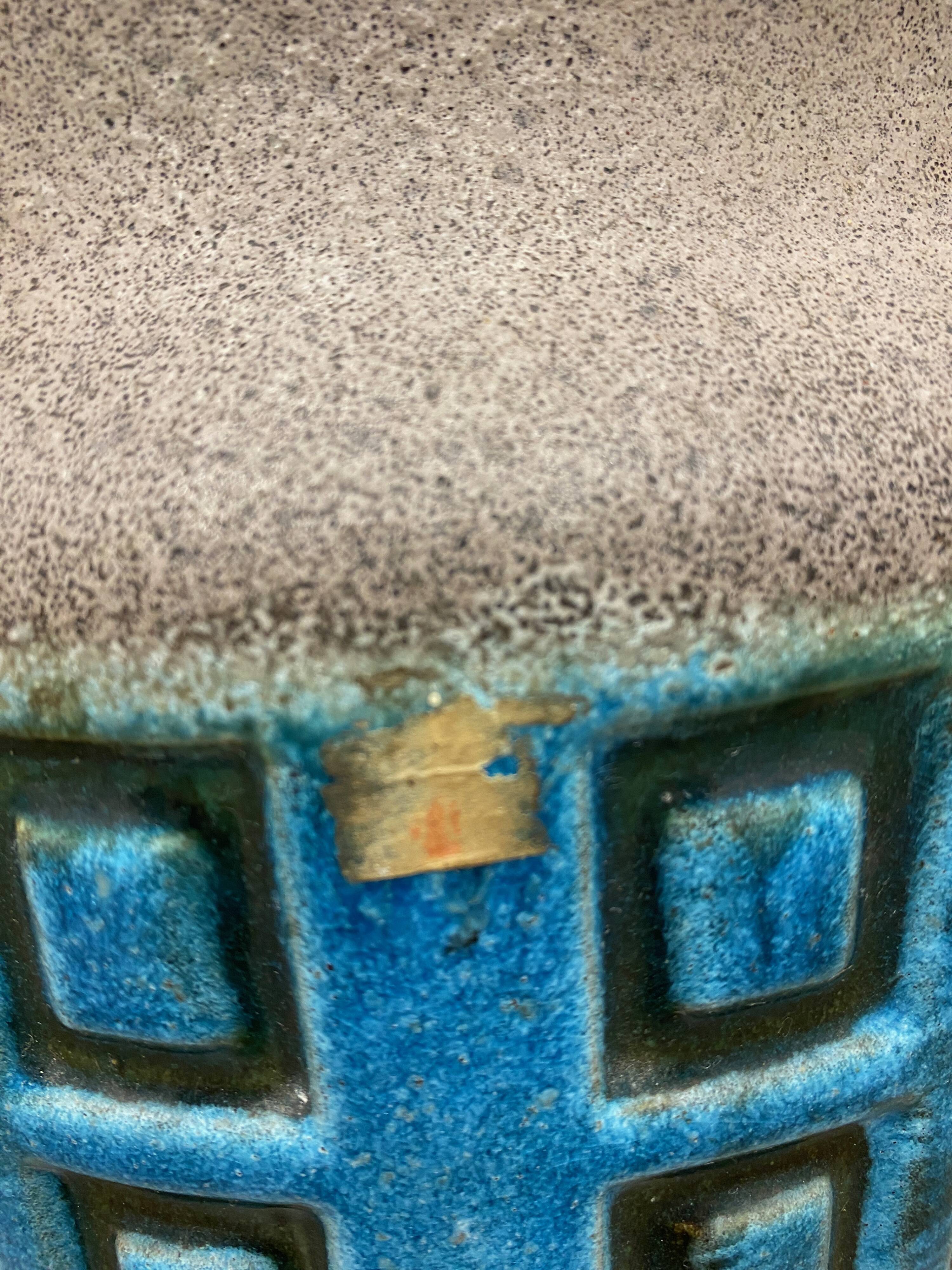 Large blue ceramic mid-century modern vase with graphic pattern