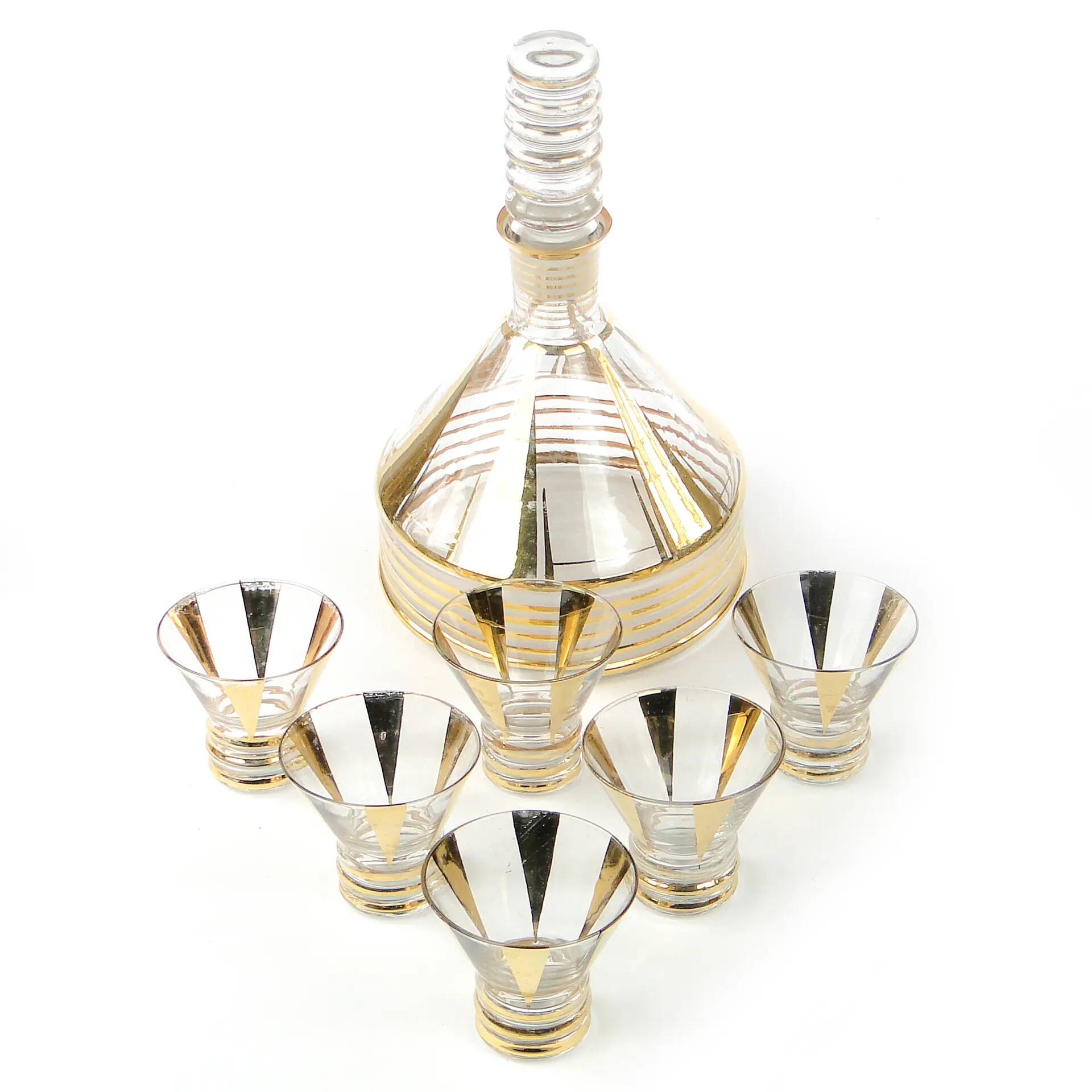 Mid-century modern liqueur set, clear gilded glass, Kamenický Šenov, Czechoslovakia, 1950s