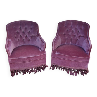 Pair of pink velvet toadstool armchairs