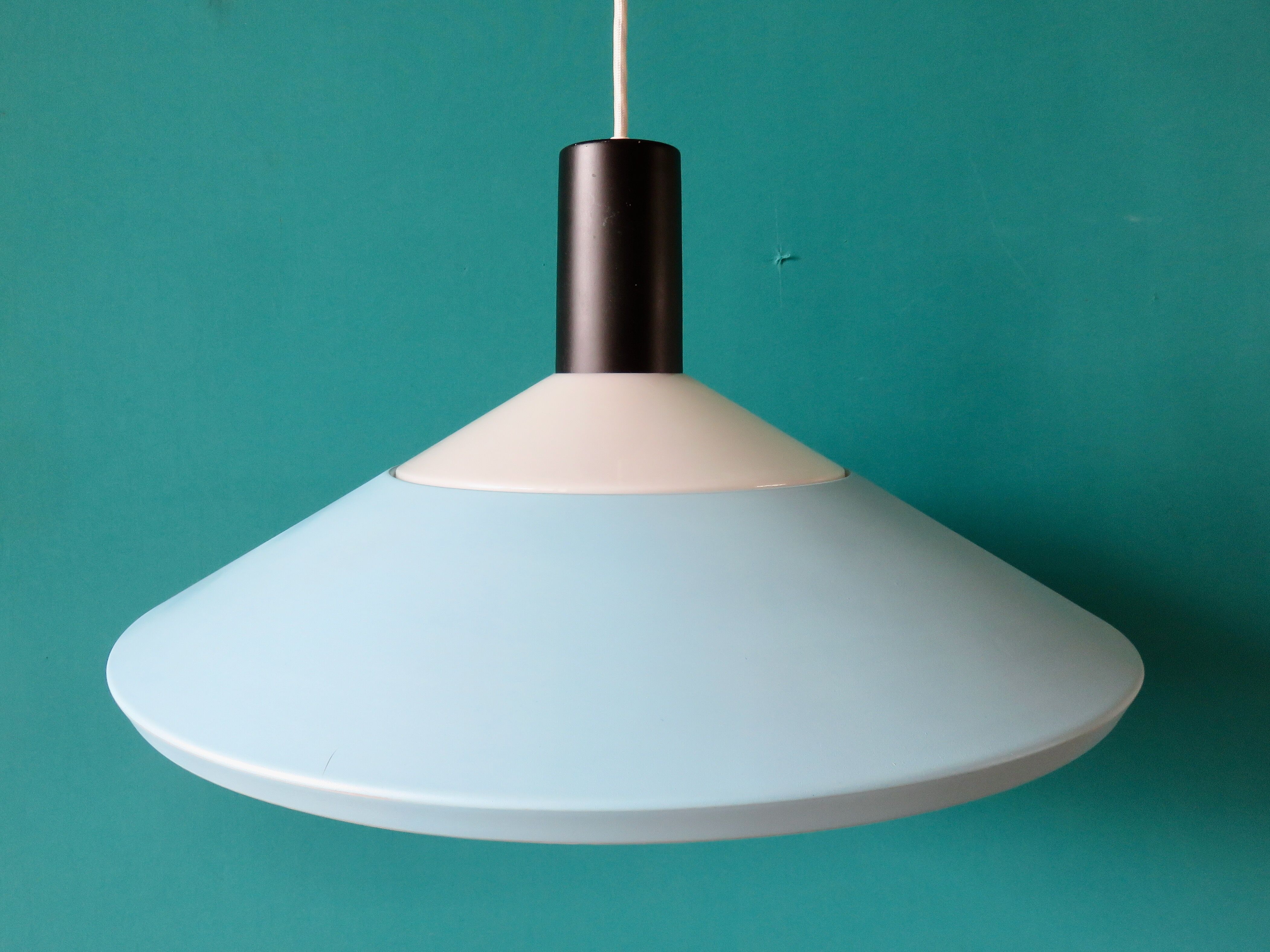 Light blue, black and white suspension, Louis Poulsen. Denmark 1960