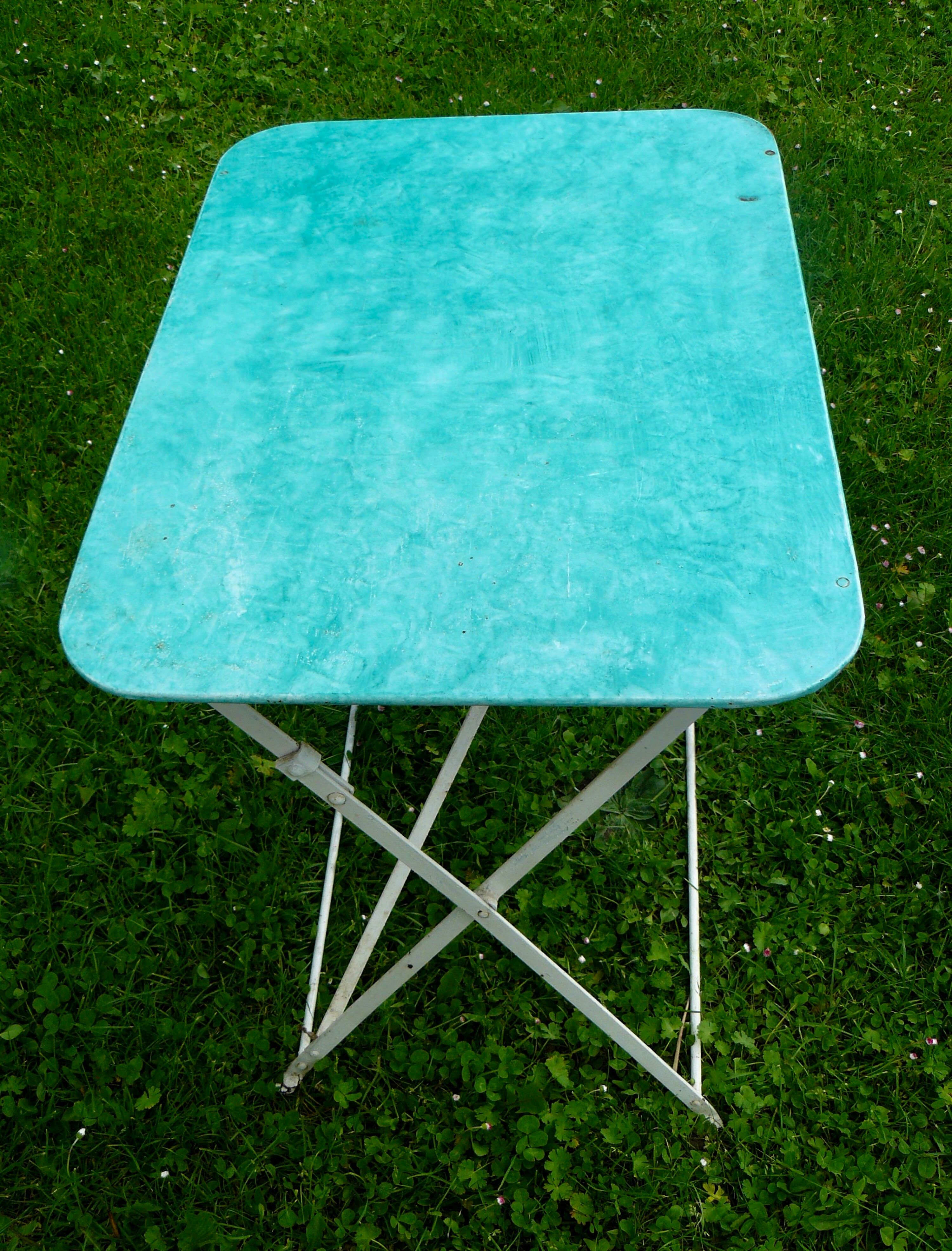 Vintage green and white painted metal folding garden table 1950
