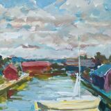 Vintage Mid Century Swedish Framed Oil  Painting - The Canal