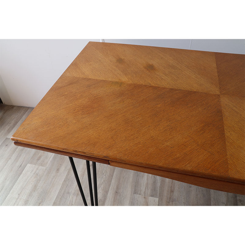 Vintage extendable dining table in wood and metal base, 1950