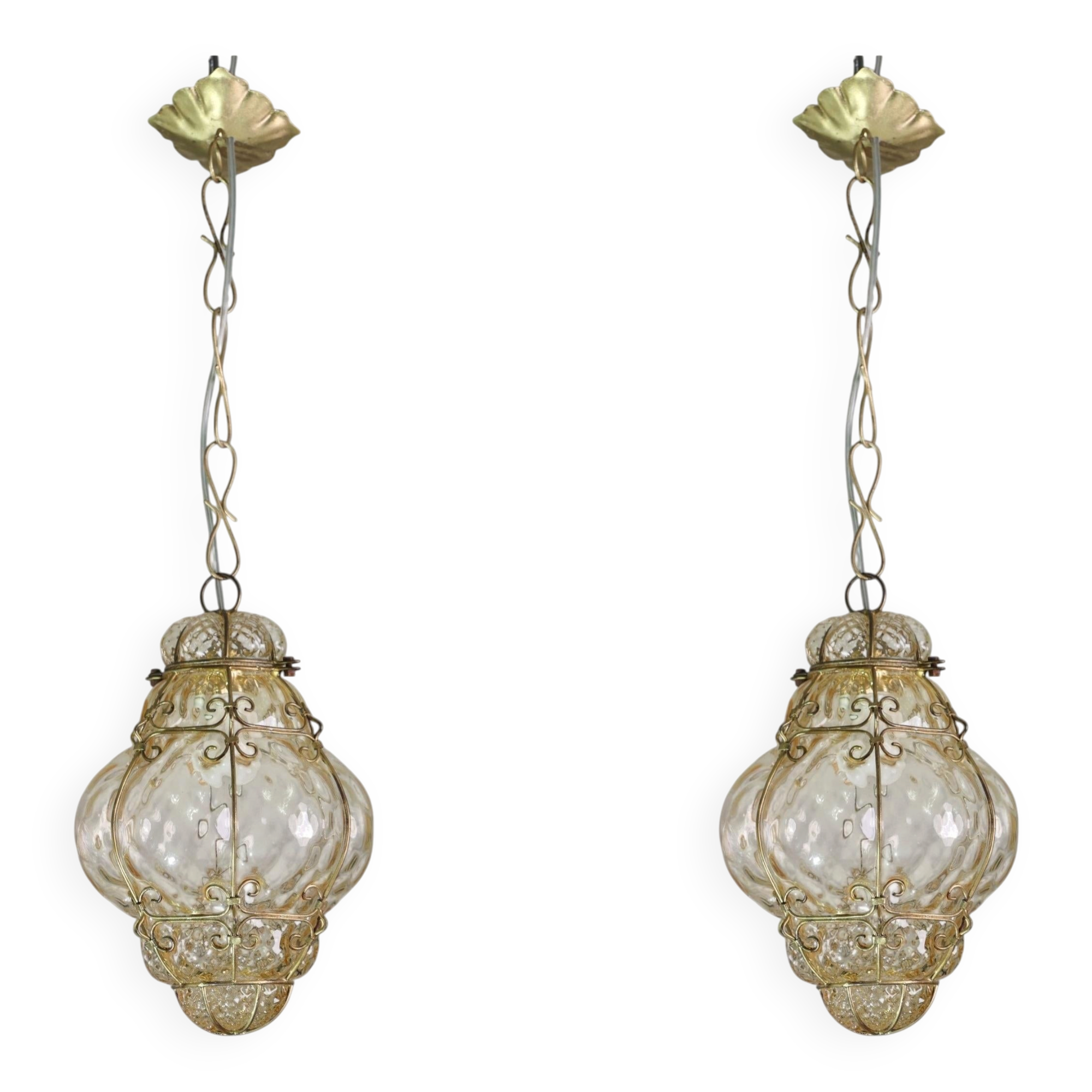 Set of 2 Wonderful Amber Vintage Venetian Lantern, Murano Glass, Italy, 1950s